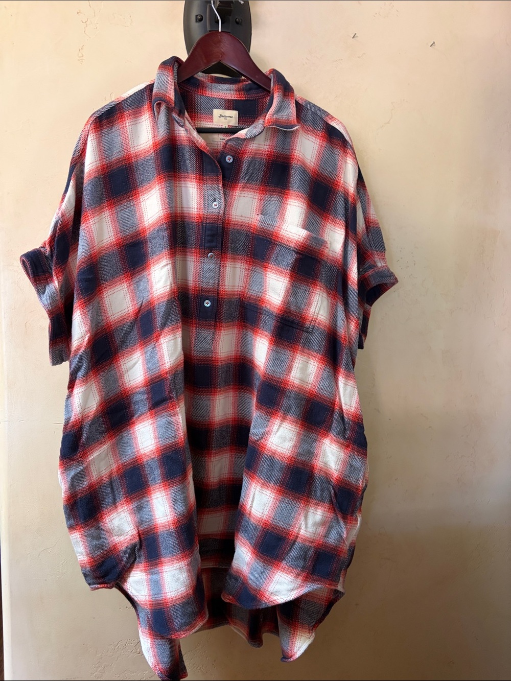 Sz 2 Bellerose Navy Red White Plaid Flannel Short-Sleeve Button Down Shirt Dress